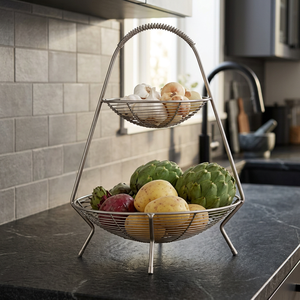 Double Tier Fruit <b>Basket</b> Stand <b>Round</b> Minimalist Kitchen <b>Storage</b> <b>Basket</b> Durable Metal Food Container - Product Image 4
