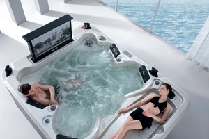 Bañera de Hidromasaje para Exteriores con Control Balboa, 34 Jets, 7 Colores LED, Esterilización con Ozono, Diseño Moderno en Acrílico para Uso en Exteriores y Gimnasios - Product Image 5