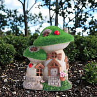 Décoration de jardin Statues champignons floqués verts Maison de fée en résine avec lumières solaires pour paysage extérieur