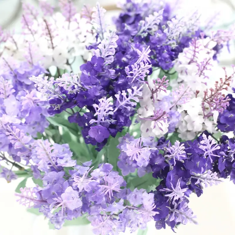 高品質人工ラベンダー植物花10頭紫白ラベンダー人工結婚式生地シルク装飾