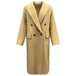 Grosir mantel wol buatan tangan Lapel mantel wol kasmir panjang musim dingin mantel wanita dengan saku