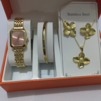 Ensemble de 5 montres pour femmes tendance, ensemble de bijoux à fleurs dorées, montre décontractée à bracelet en acier, montre-bracelet à quartz