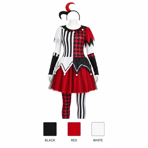 Costume de Clown Maléfique pour Halloween pour <span class=keywords><strong>Femme</strong></span>, Robe Imprimée Asymétrique 5 Pièces avec Jupe en Tulle, Chapeau, Bandeau, Manchettes et Bas - Product Image 4