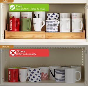 Nueva innovación, soporte extensible <span class=keywords><strong>de</strong></span> 2 niveles para tazas <span class=keywords><strong>de</strong></span> café, estante para tazas <span class=keywords><strong>de</strong></span> bambú, portavasos, estante para gabinetes <span class=keywords><strong>de</strong></span> cocina - Product Image 6