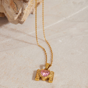 M Shaped Pendant With Pink Heart Zircon Gold Plated Stainless Steel Charm For Gift Jewelry - Product Image 4