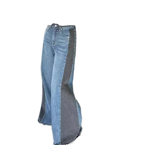 Jeans de Mezclilla de Cintura Alta con Parches en Contraste, Corte Holgado, Largos, Lavados, Estilo Casual Otoñal para Mujer - Product Image 1