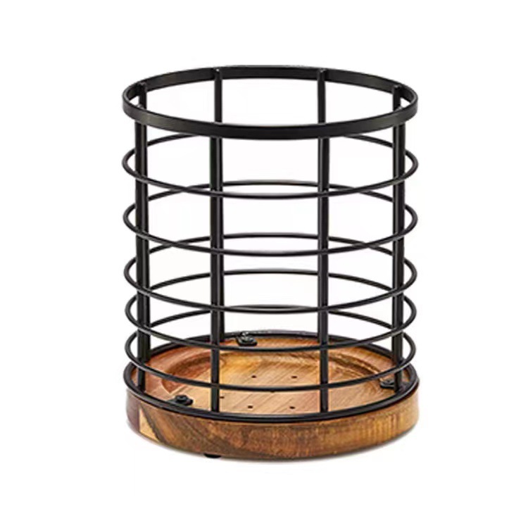 Ds2388 Grote Ronde Keukengebruiksvoorwerp Organizer Met Houten Voet En Matte Black Metal Houder Gebruiksvoorwerp Crock Gebruiksvoorwerp Houder