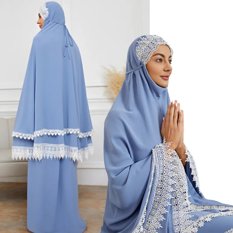 Classico modello caldo musulmano pizzo Abaya gonna lunga Khimar 2 pezzi Set preghiera araba EID Swing Hijab abito abito islamico formato libero