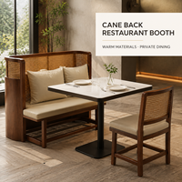 Ensemble de banquettes en bois foncé en forme de U avec coussins crème et oreillers décoratifs, table en pierre frittée et piédestal noir