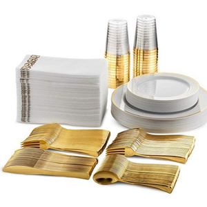 Ensemble de 350 assiettes jetables en plastique rigide <span class=keywords><strong>avec</strong></span> bord doré et cuillères, vaisselle pour fêtes, incluant des assiettes creuses pour fruits - Product Image 1