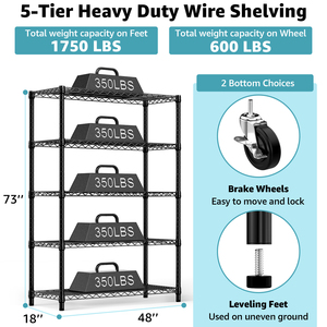 MZG Easy To Assemble Metal Organizer NSF Certified Matte Black Heavy Duty 5-<b>Shelf</b> Rolling <b>Wire</b> Shelving Storage Rack Unit - Product Image 3