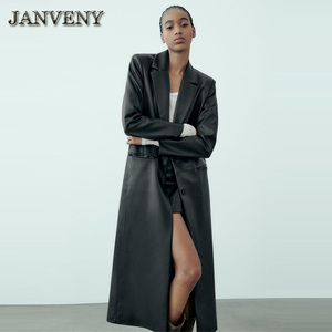 JANVENY 2024 Nuovo Cappotto in <span class=keywords><strong>Ecopelle</strong></span> Sopra il Ginocchio Primavera-Autunno da Donna <span class=keywords><strong>Nero</strong></span> con Risvolto Versatile Ampio <span class=keywords><strong>Trench</strong></span> in Pelle Artificiale - Product Image 4