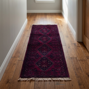 Tapis afghan noué à la main unique en son genre, rouge/marron, laine naturelle et coton, 5'1 x 1'9, Afg63 - Product Image 3