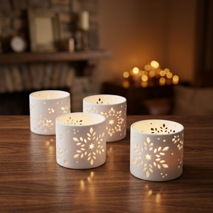 Round White <b>Tea</b> <b>Light</b> <b>Holder</b> with Snowflake Pattern Heat Resistant Reusable for Christmas Home Decoration - Product Image 3