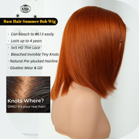XBL US Local Stock #350 Gingembre Orange 5x5 HD Lace Front Bob Perruque Top sans colle Cheveux humains bruts 10 "Pré-plumé pour les femmes noires