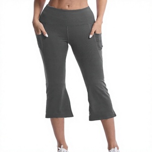 Mid Waist Flare Yoga Capri Pants for Women Quick Dry Four-Way Stretch Eco-Friendly Bootcut Workout <b>Leggings</b> Drawstring OEM ODM - Product Image 5
