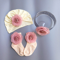 Topi bunga lucu bayi bulan penuh Set topi bayi pertama kaus kaki aksesori rambut putri dengan bunga untuk hadiah ulang tahun