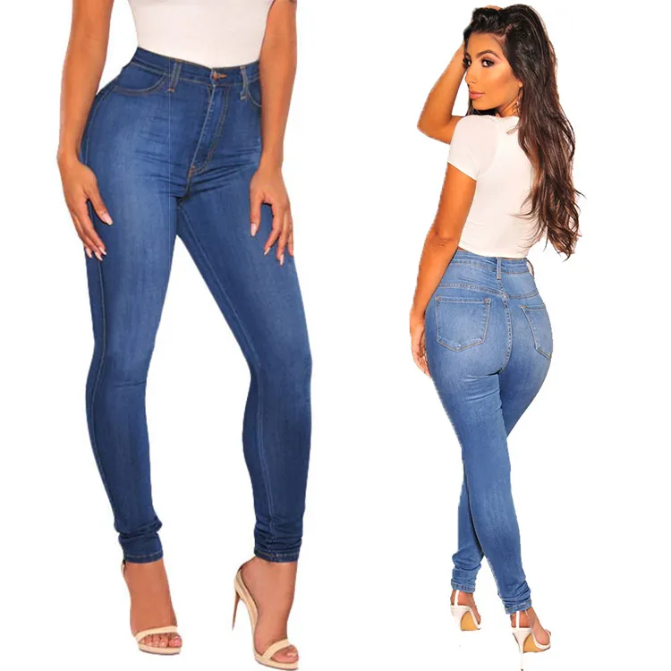 Vente en gros d'usine de jeans à la mode bleu clair taille haute jeans skinny stretch décontracté jambe droite pantalon en denim bleu 2023