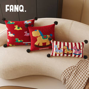 FANQ Red Festive Throw Pillow Colorful Rocking Horse Dutch Velvet <b>Cushion</b> Home Sofa Decor With <b>Insert</b> Striped Cartoon Pattern - Product Image 2