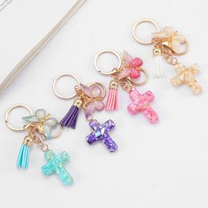 Wholesale Resin Stone Cross <b>Keychain</b> - Elegant Bag Hanger Pendant with Tassel Butterfly Charm - Product Image 1
