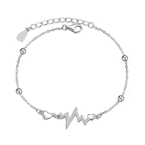 Fashion Adjustable Round Bead Chain 925 Sterling Silver Bracelet Delicate Sparkling Cubic Zircon Love Heartbeat Bracelet