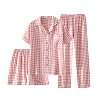 Pyjamas d'été pour femmes en gaze de coton pur respirante, style japonais minimaliste à carreaux, ensemble trois pièces fin à manches courtes