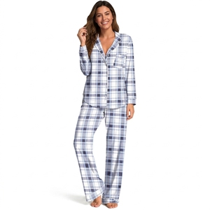 <span class=keywords><strong>Pyjama</strong></span> 2 pièces pour femme, bleu clair et blanc, motif écossais classique, imprimé sur toute la surface, ensemble de nuit à revers, doux et ample, vêtements de nuit pour femmes - Product Image 1
