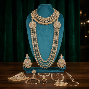 Traditional Heavy Rose Gold Bridal Accessories <b>Set</b> Red Crystal Choker Long Haram Necklace <b>Set</b> with Gemstone Drops - Product Image 4