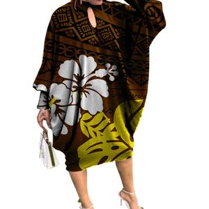 Abito da donna a manica lunga con fiori di ibisco Vintage marrone abito da donna con Design tribale polinesiano abiti da isola taglie forti - Product Image 1
