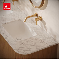 Lemari Penyimpanan Kamar Mandi Alland Slim Oval Curve Shape dengan Kabinet Partikel, Wastafel Ganda, dan Kabinet Kamar Mandi Marmer Sudut Bundar