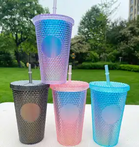 24 Oz Multi Colors Matte BPA Free Plastic Durian Cup Diamond Water Bottle Studded Tumbler Cup Drinking Bottle With Straw