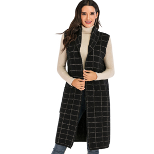 Plus Size Women's Suit Style Long Cardigan Sweater Vest <strong>Sleeveless</strong> Plaid Lapel <strong>Coat</strong> With Pockets - Product Image 1