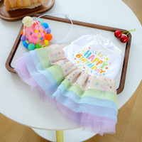 Ensemble de tenue pour fête d'anniversaire d'animaux de compagnie, robe tutu en tulle à paillettes arc-en-ciel avec chapeau d'anniversaire à pompons à pois pour petits chiens et chats