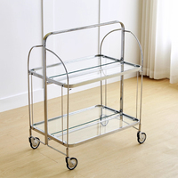 Chariot de service d'hôtel moderne en acier inoxydable haut de gamme, pliable, avec plateau en verre, table d'appoint de bar mobile de luxe avec 4 roues pivotantes
