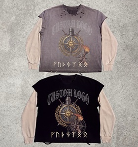 Camiseta Personalizada con Estampado DTG Vintage y Pedrería, Estilo Urbano, de Manga Larga 2 en 1, Lavado Ácido, para <span class=keywords><strong>Hombre</strong></span> - Product Image 2