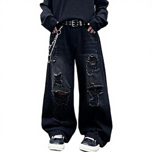Black Wide Leg Ripped Denim Casual <b>Jeans</b> Pants High Waist Loose Fit Distressed Streetwear Cotton <b>Men</b> s Autumn - Product Image 1