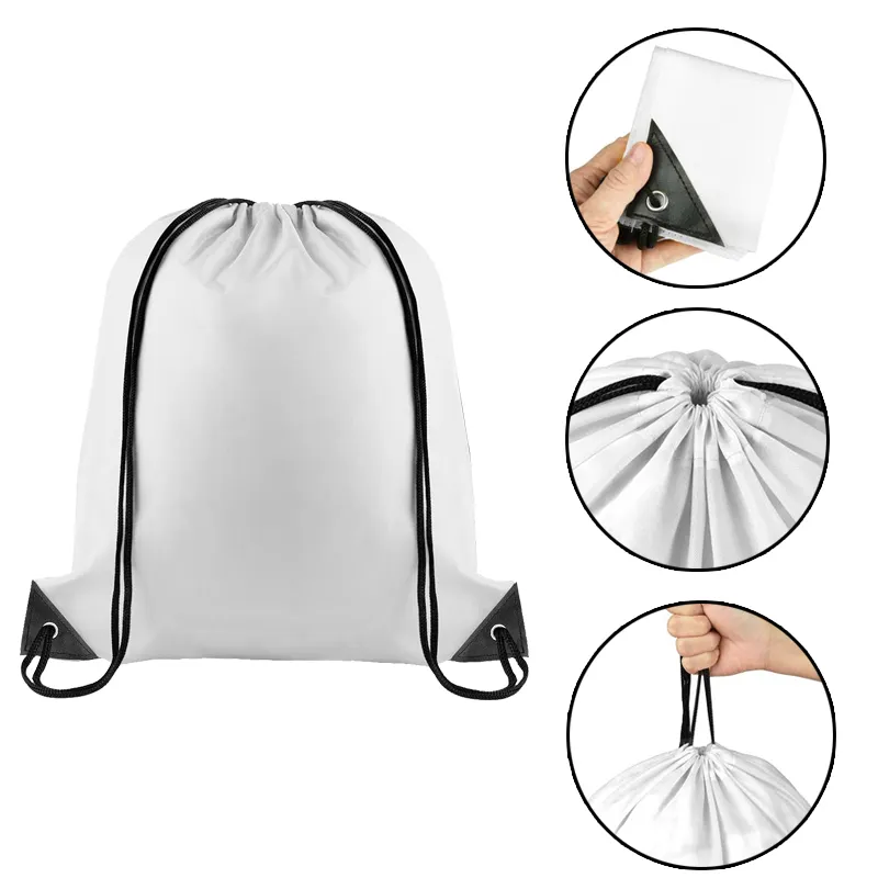 Mochila com cordão para academia, sacola branca em massa para esportes, sacola de nylon reciclada com cordão DIY, ideal para academia e esportes