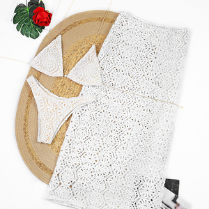 Ensemble bikini 3 pièces au crochet géométrique, maillot de bain triangle dos nu à nouer sur les côtés, jupe longue en dentelle pour femme, séchage rapide, idéal plage - Product Image 3