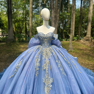 Robe de soirée longue moderne et élégante bleue, style robe de bal, en <span class=keywords><strong>dentelle</strong></span>, avec sequins et perles, pour Quinceañera, fabriquée aux États-Unis - Product Image 3