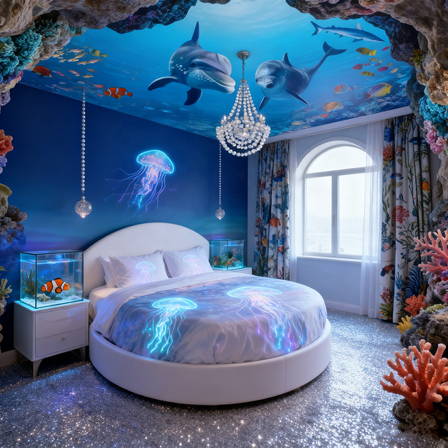 Underwater 3D Dolphin Large Photo Wallpaper for Kids Bedroom Modern Ocean Fish Coral Reefs Turtle Mural