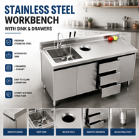 Évier de cuisine professionnel en acier inoxydable 304 avec armoire, porte coulissante, table de préparation et unité de lavage de vaisselle pour restaurant - Prix usine