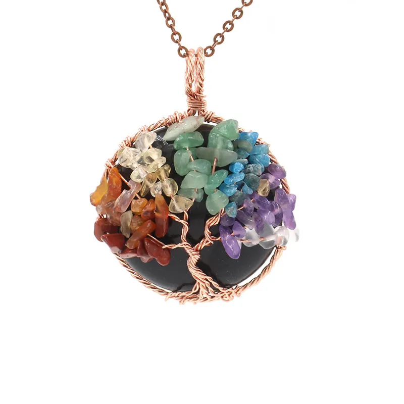 Moda 7 renk çakra Charm ametist taş hayat ağacı kolye