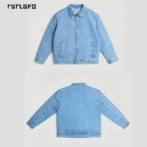 Veste en jean délavé pour homme, fermeture éclair, 100% coton, bleu clair, style Harrington, logo personnalisé, certifié GOTS, OEM, marque privée - Product Image 4