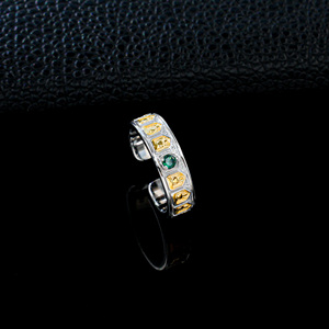 Two-tone S925 <b>Silver</b> Lab Emerald Open <b>Ring</b> for Men Daily Business Wear V - Product Image 4