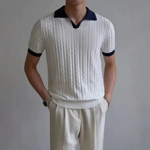 Polo homme tricoté à manches courtes, style italien, blanc et bleu marine, coupe ample, haut de gamme, pour l'été - Product Image 2