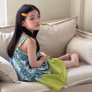 Abito estivo in cotone per ragazze, color block, scollo quadrato, senza maniche, stile country - Product Image 4