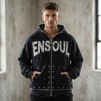 Sweat à capuche zippé surdimensionné pour homme en coton épais 100% délavé et vieilli, avec imprimé craquelé et détails rivets, style streetwear personnalisé