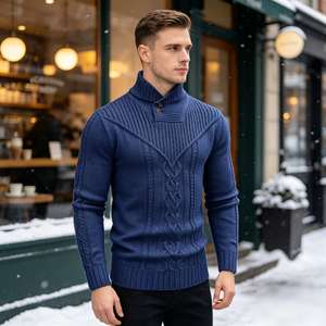 Maglione da <span class=keywords><strong>Uomo</strong></span> Invernale/Autunnale con Collo a Scialle, Scollo a V, Lavorazione a Treccia, Bottoni Frontali, Dettaglio Intrecciato Centrale, Vestibilità Slim - Product Image 1