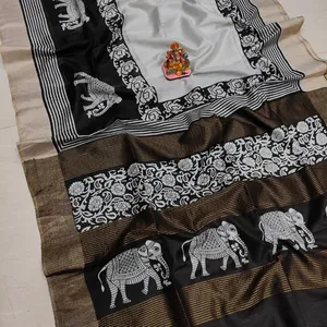 Nguyên bản dhakai jamdani Saree dệt bằng tay màu đen và trắng tương phản 84 đếm halfsilk truyền thống sang trọng Saree