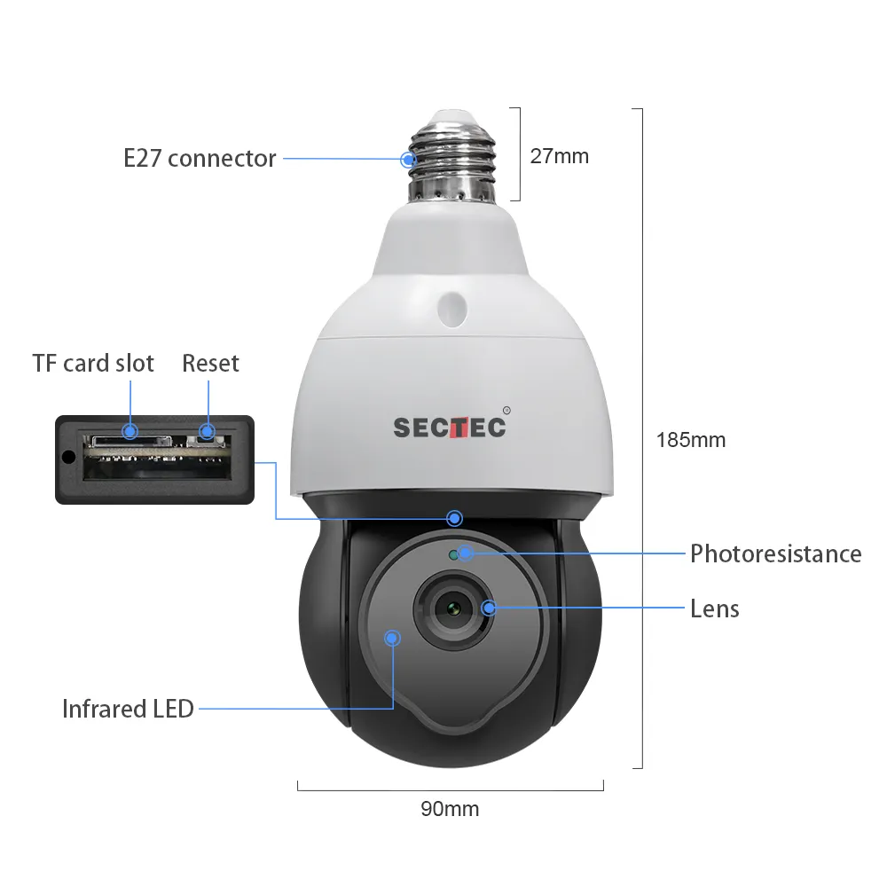 SECTEC 5MP Wifi กล้องวงจรปิดกล้องโดมกลางแจ้ง360การรักษาความปลอดภัยเฝ้าระวังเครือข่ายไร้สาย IP PTZ E27หลอดไฟกล้อง